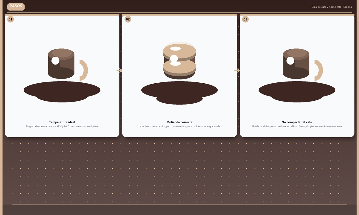 Pasos: Temperatura ideal → Molienda correcta → No compactar el café
